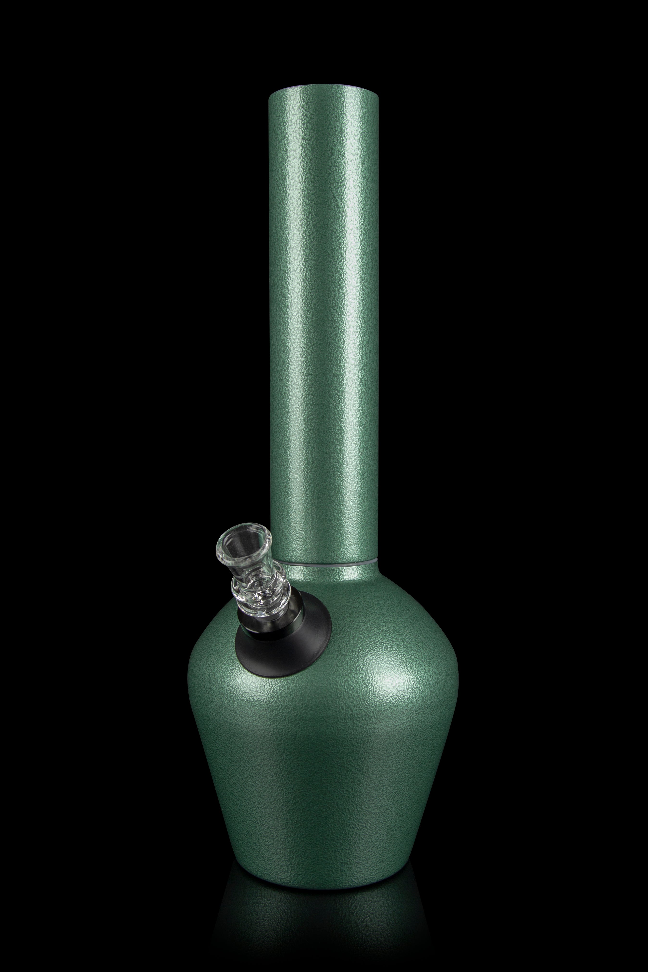 Green glass water pipe (bong) with a clear glass bowl, studio shot.