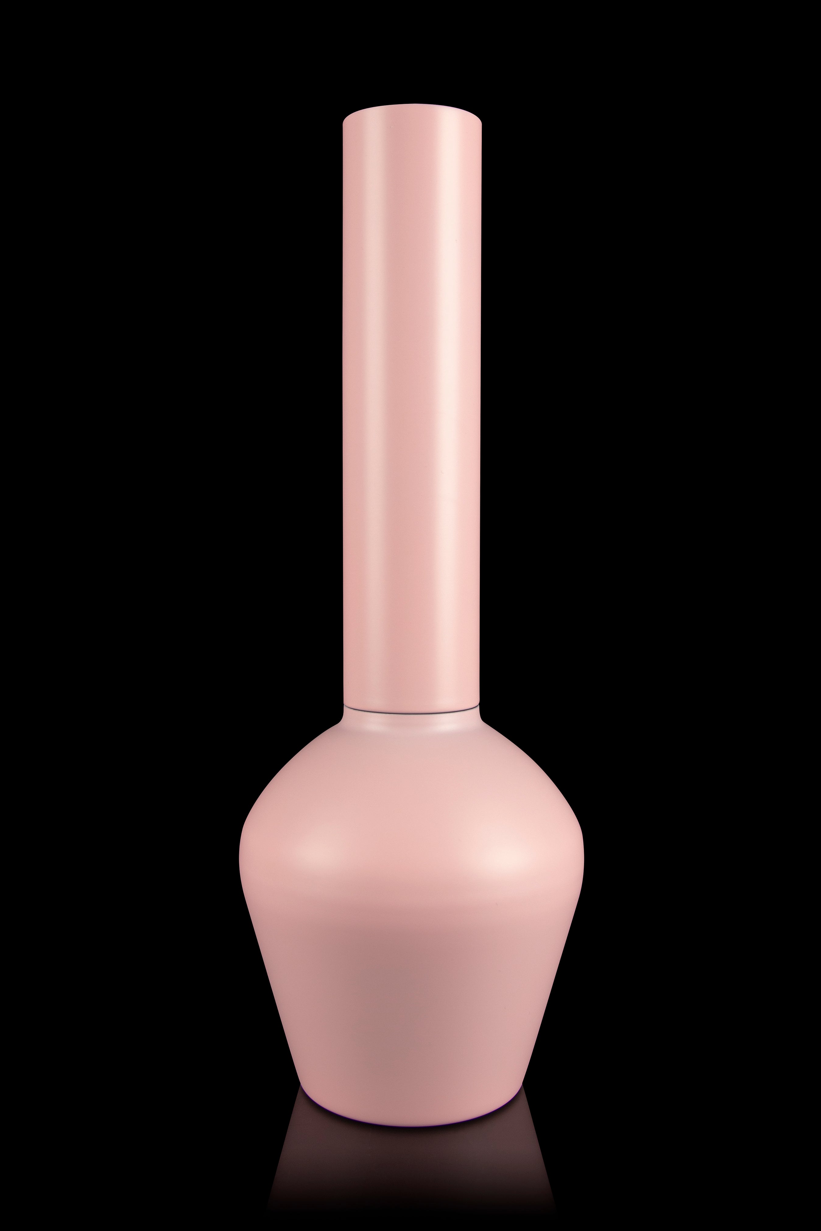 Pink glass water pipe with a bulbous base and tall cylindrical neck, studio shot against a black background.