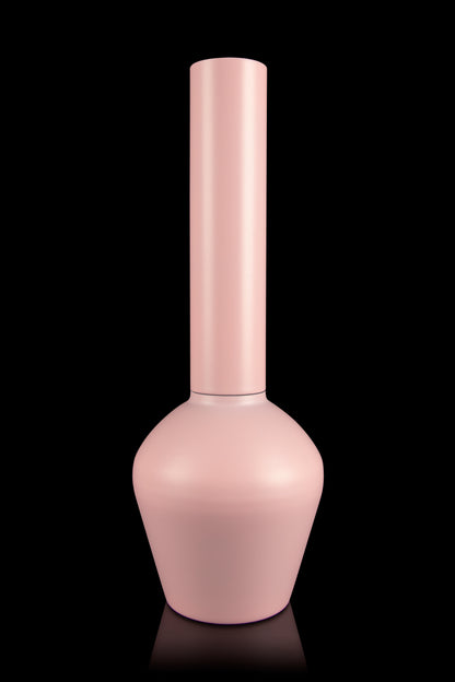 Pink glass water pipe with a bulbous base and tall cylindrical neck, studio shot against a black background.