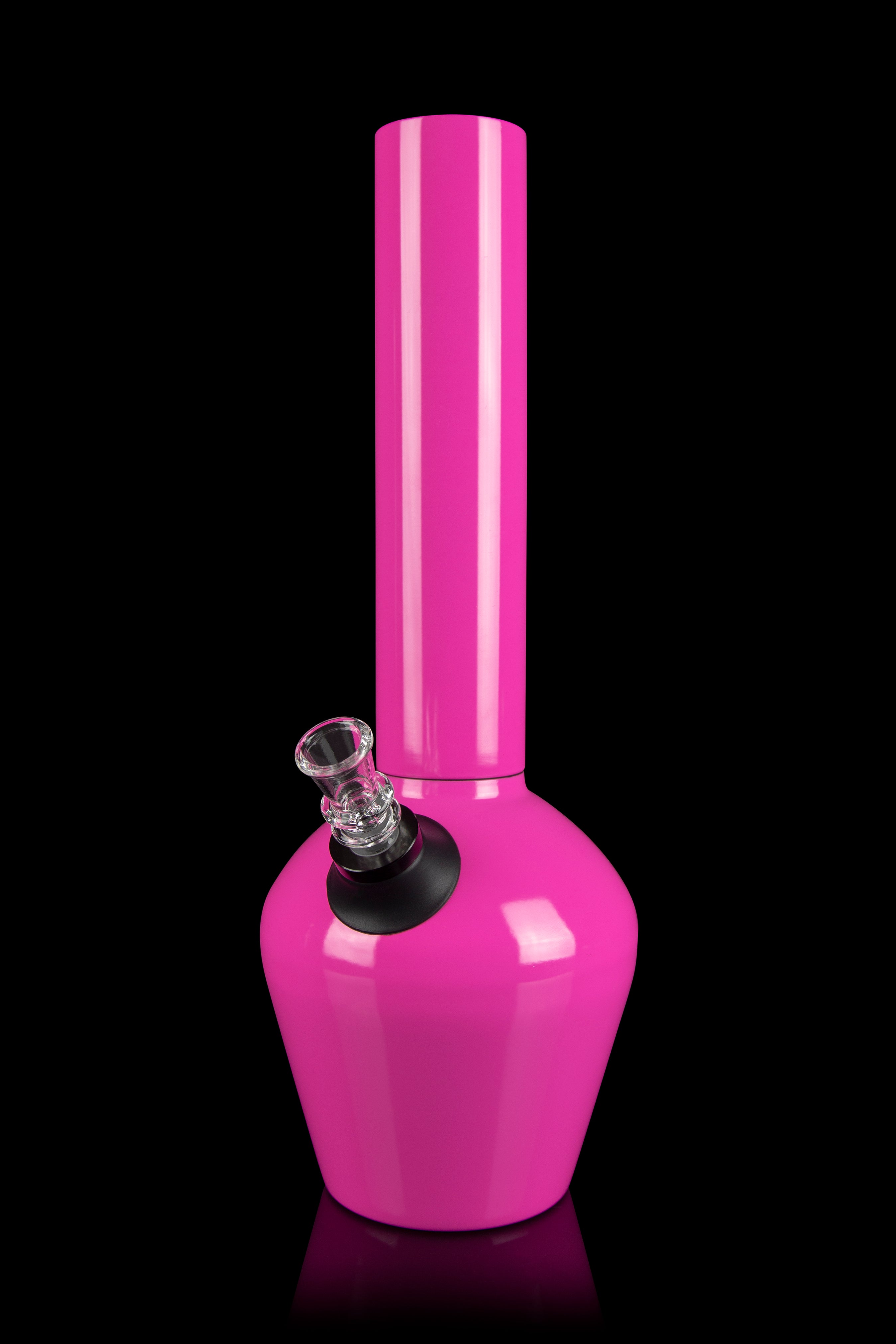 Pink glass water pipe with a clear bowl piece, isolated on a black background.
