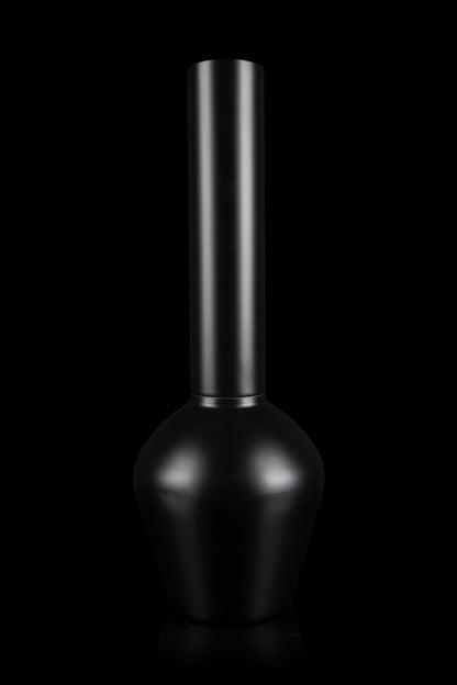 Sleek black glass water pipe (bong) with three visible tubes extending upwards.