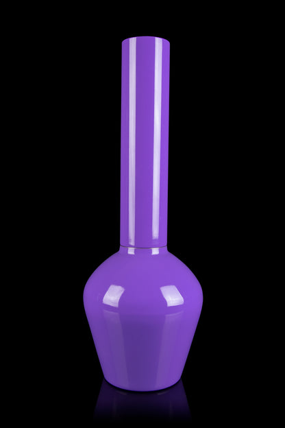 Purple glass bong with vertical stripes, isolated on black.