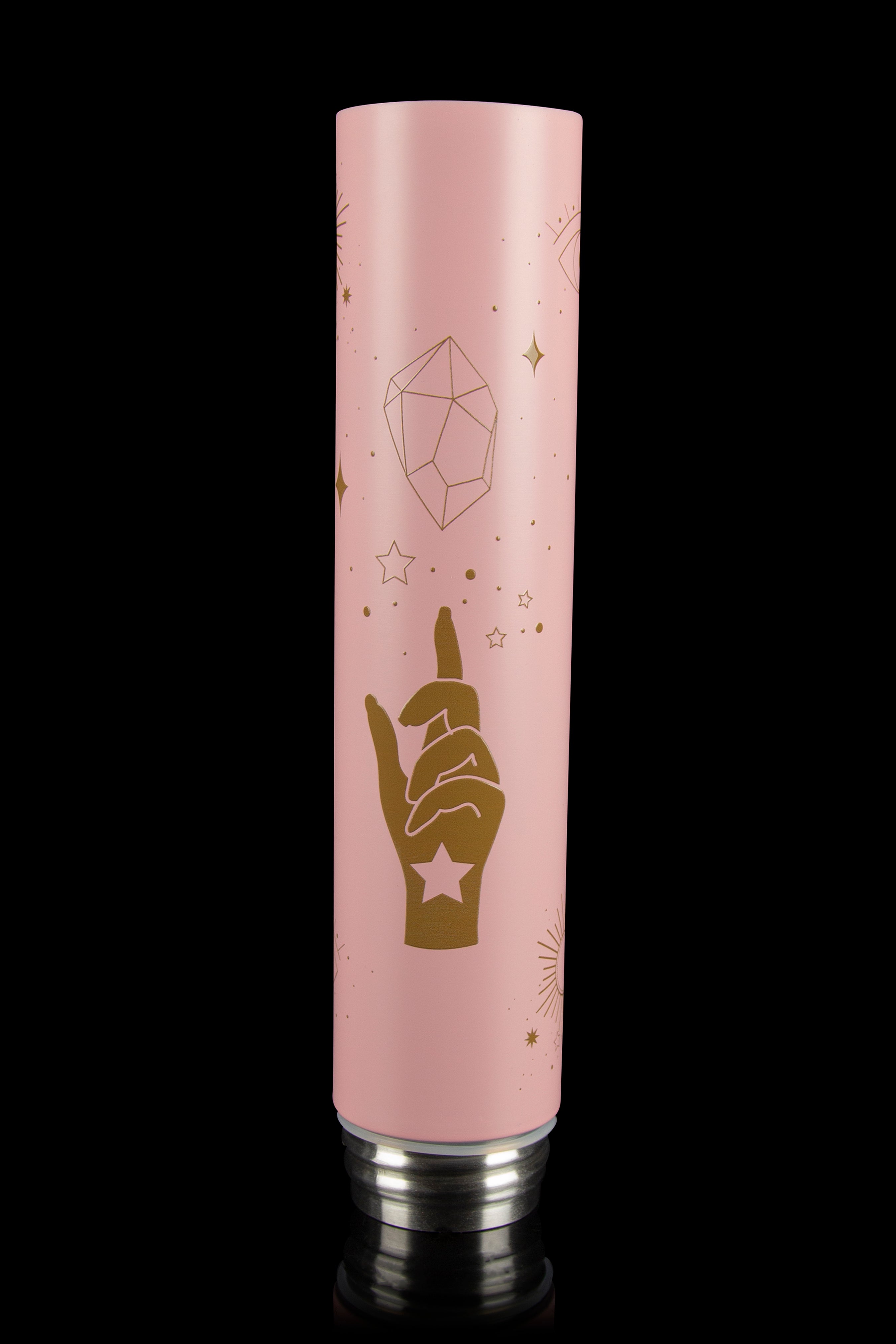 Pink metallic one-hitter pipe with gold celestial designs including a hand making a pinching gesture and a crystal.