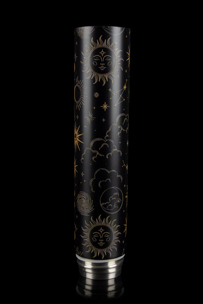 Black metal tube with gold celestial pattern, likely a cannabis accessory.