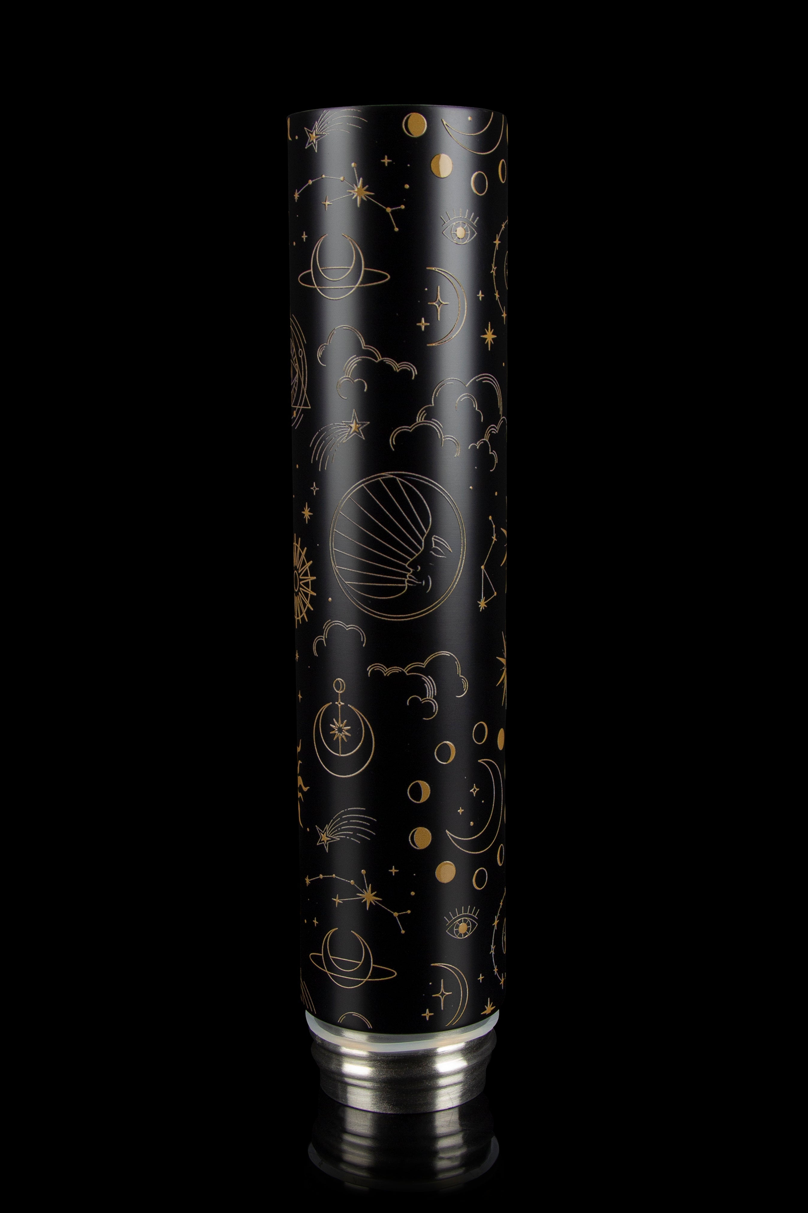 Black cylindrical cannabis accessory with gold celestial and mystic symbols.
