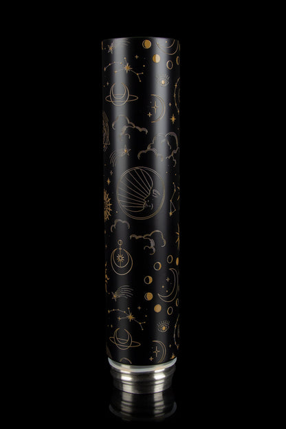 Black cylindrical cannabis accessory with gold celestial and mystic symbols.