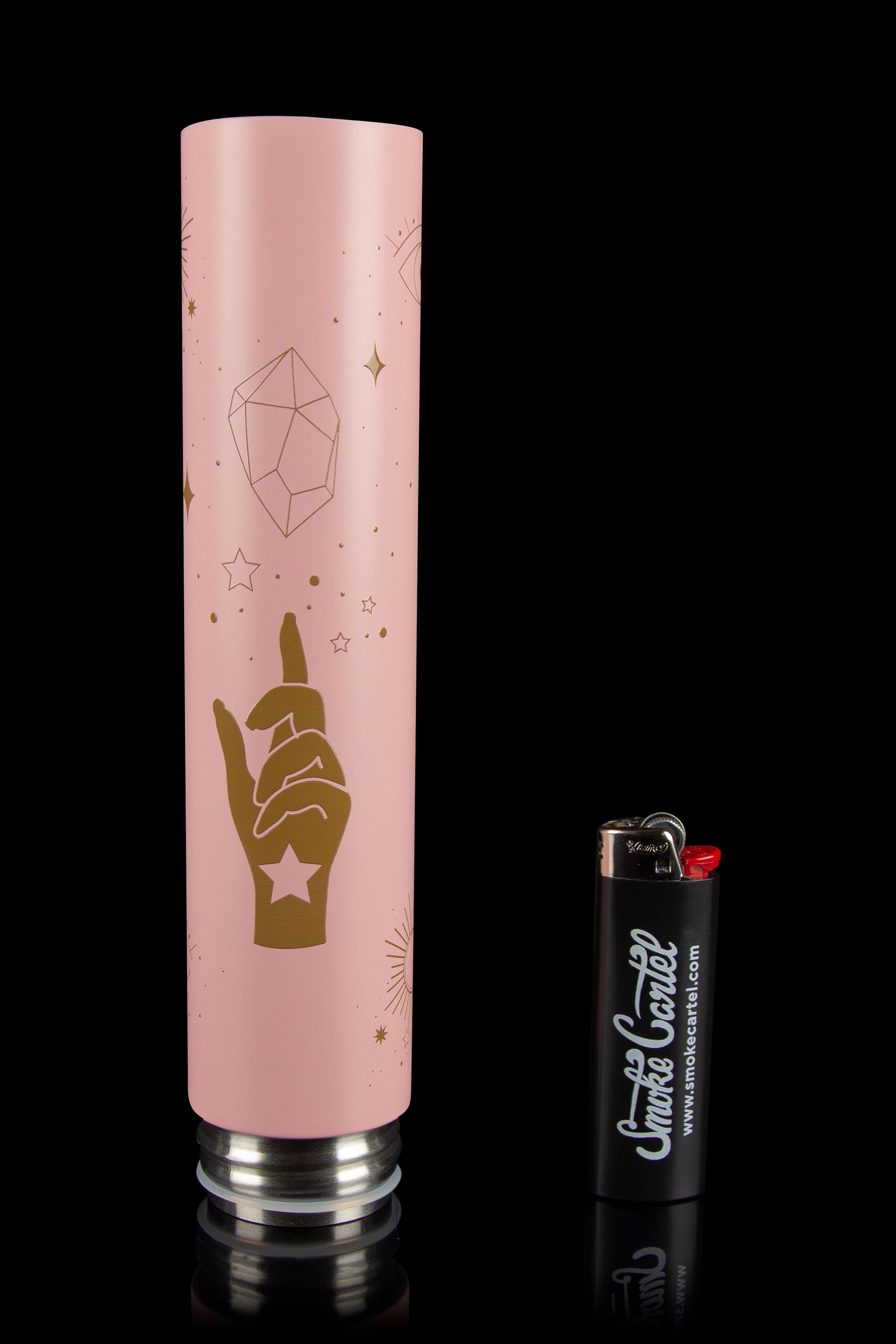 Pink metallic tube with a golden hand gesture design next to a lighter branded with "Smoke Cartel."