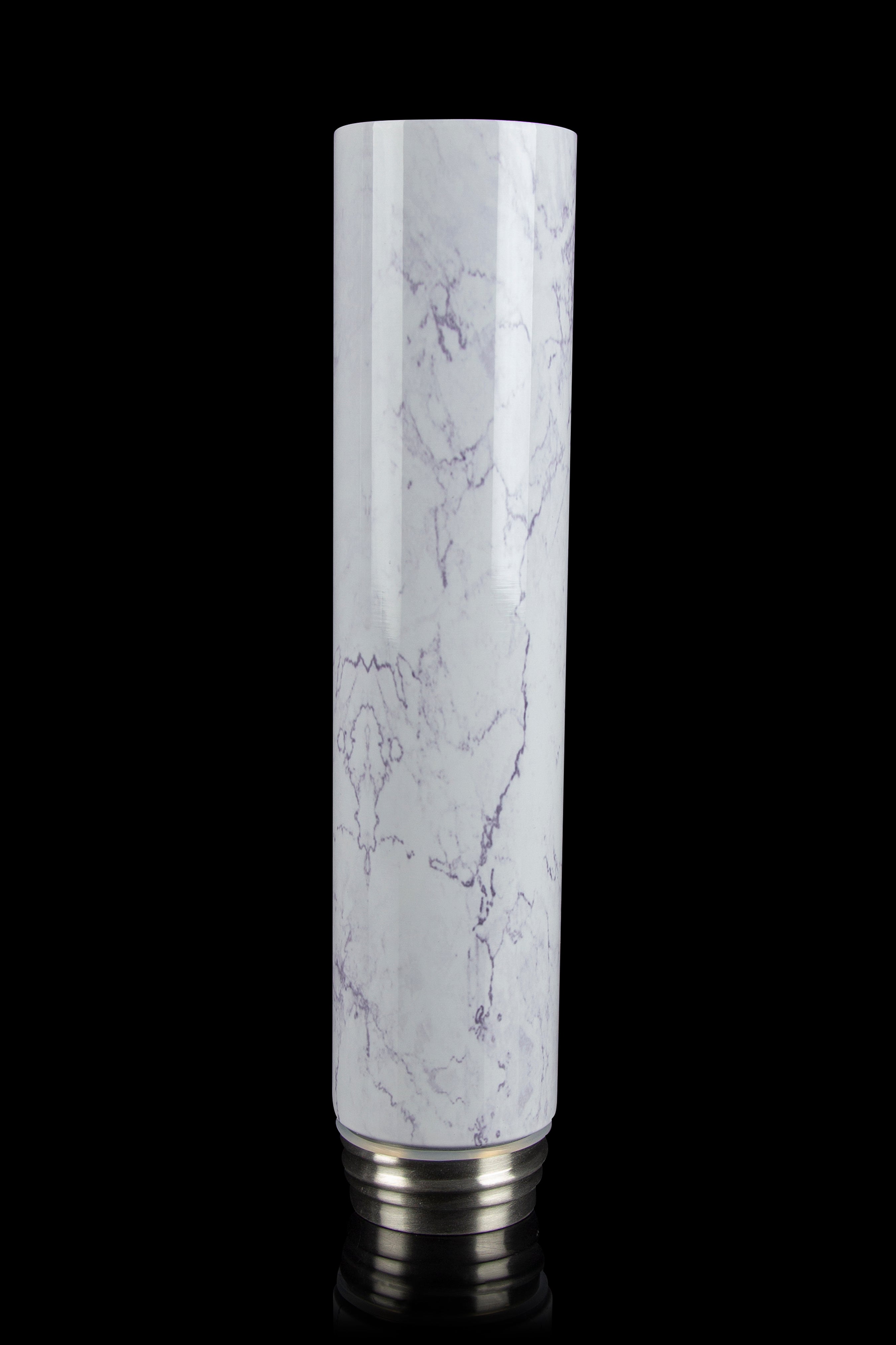 Marble-patterned glass bubbler with a silver base, isolated on a black background.