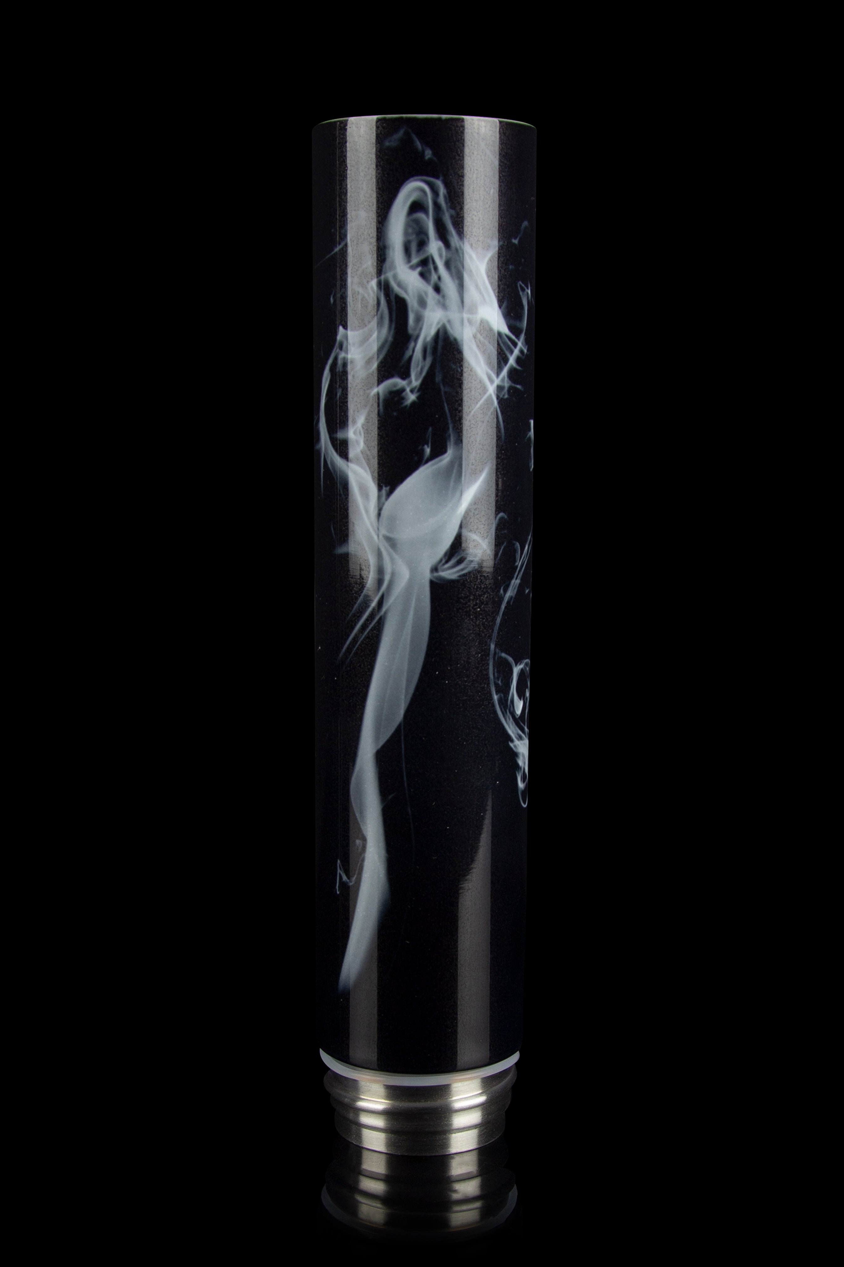 A sleek black glass tube with swirling white smoke visible inside, resembling a cannabis plume, set against a black background."