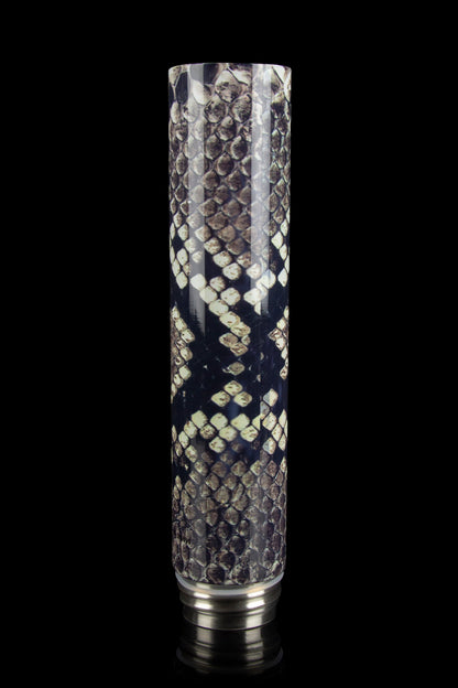 Glass cannabis bubbler with a speckled, iridescent finish.