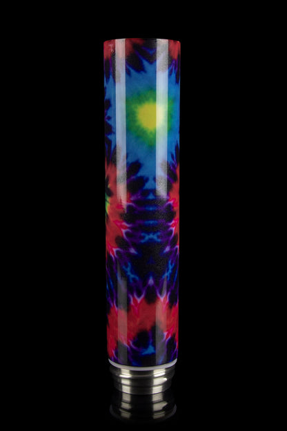 A vibrant, tie-dye glass pipe with silver accents, isolated on a black background.