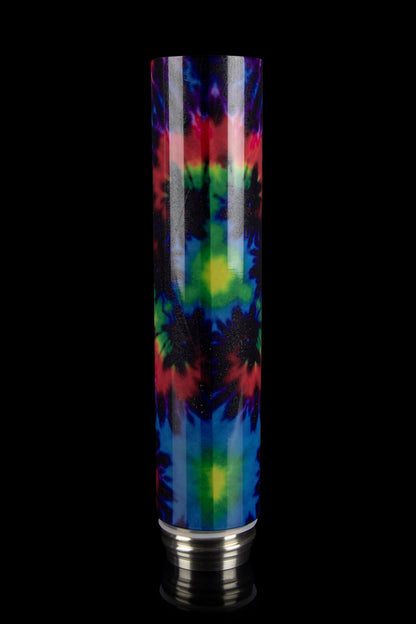 Tie-dye glass pipe with a metallic base against a black background.