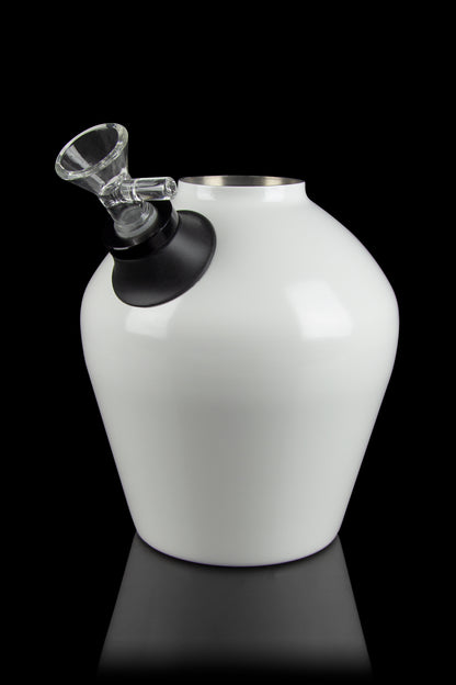 White ceramic water pipe with glass mouthpiece, studio shot.