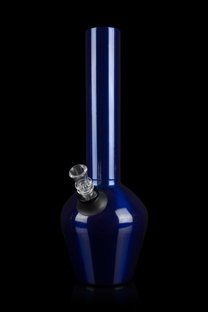 Blue glass water pipe (bong) with a clear glass mouthpiece against a black background.