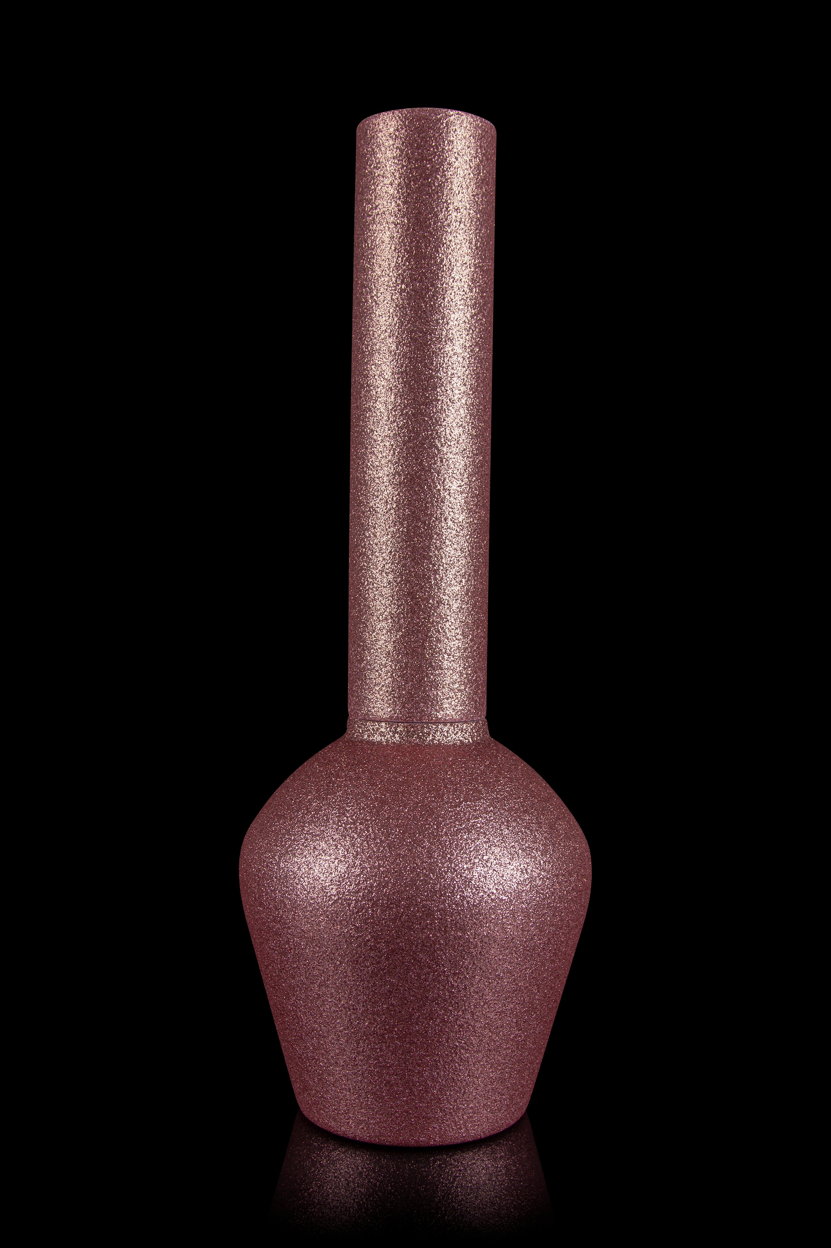 A textured, burgundy glass bong with a bulbous base and a long, slender neck, set against a black background with a reflective surface.