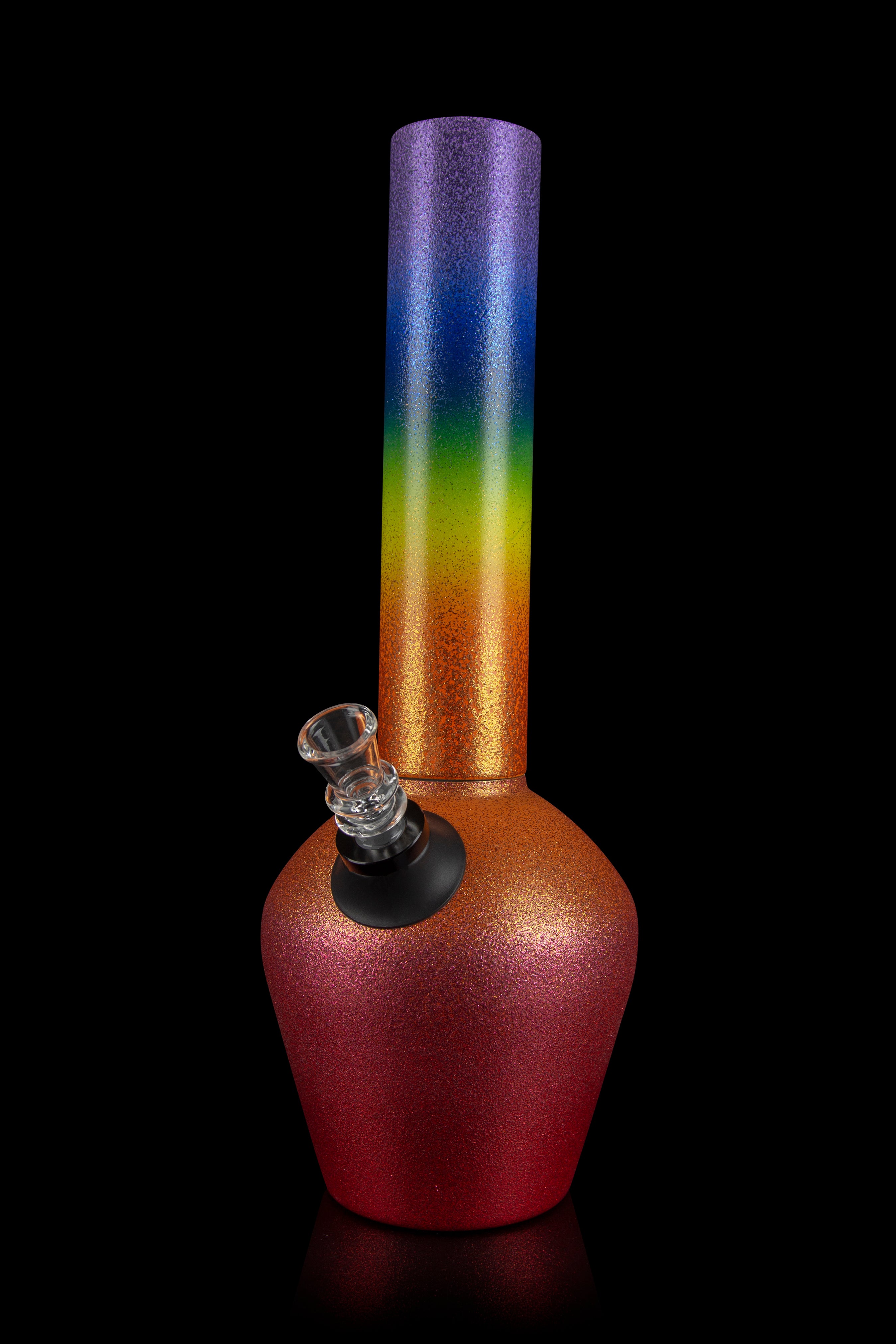A colorful glass water pipe (bong) with a gradient of red, orange, yellow, green, and blue, isolated on a black background.