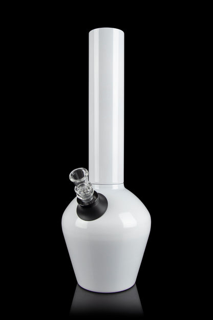 White glass water pipe (bong) with a flared base and clear mouthpiece, studio shot.
