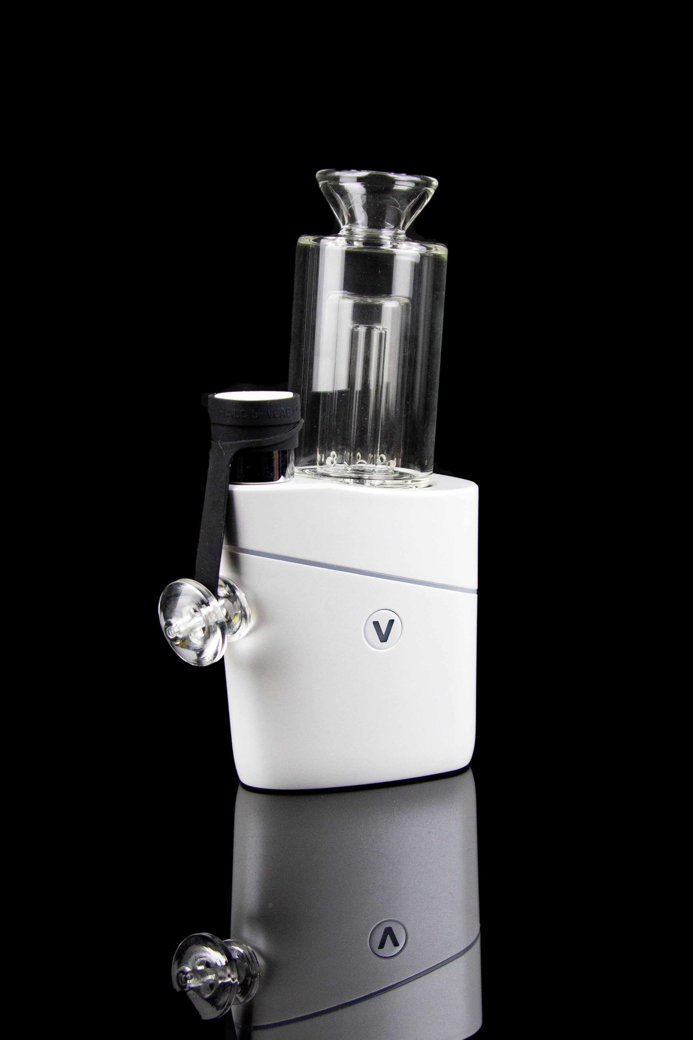 White and silver electronic dab rig with a glass water pipe attachment, displayed against a black background.