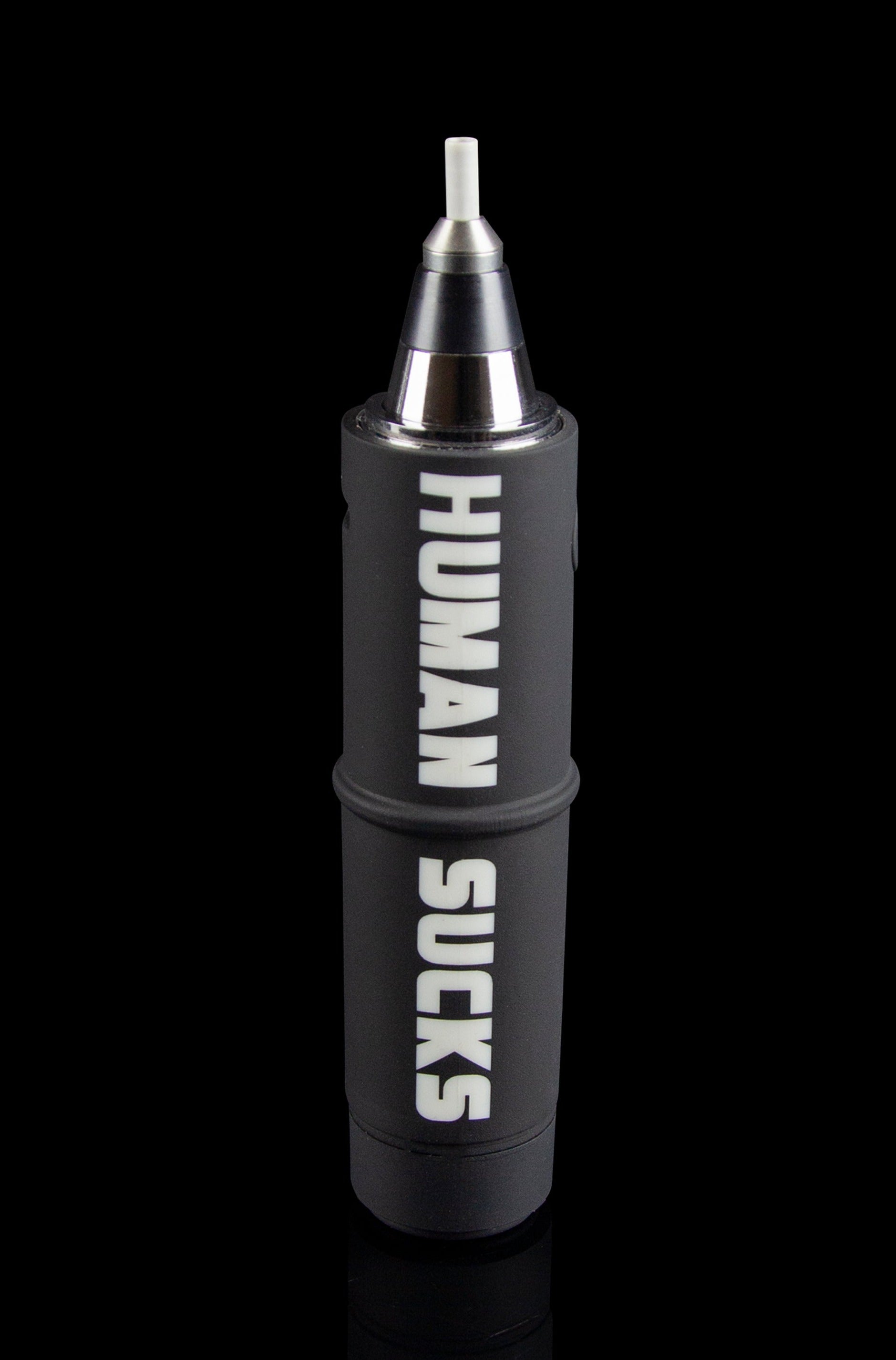 Black and silver electronic nectar collector with “HUMAN SUCKS” vertically printed in white.