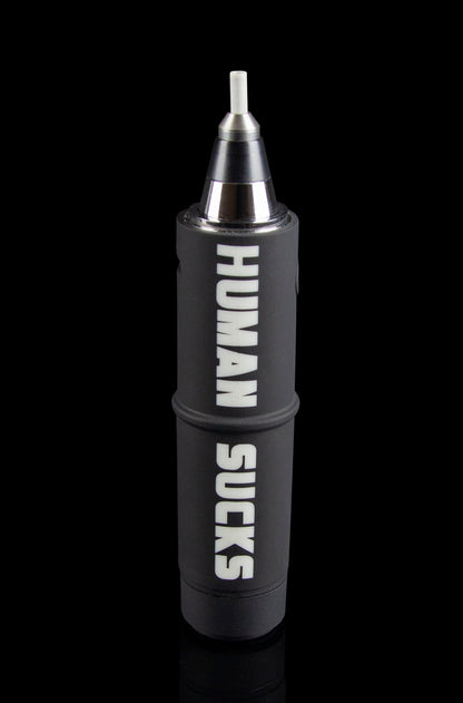 Black and silver electronic nectar collector with “HUMAN SUCKS” vertically printed in white.