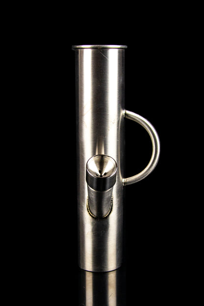 Stainless steel oil burner pipe with a glass bowl, isolated on black.