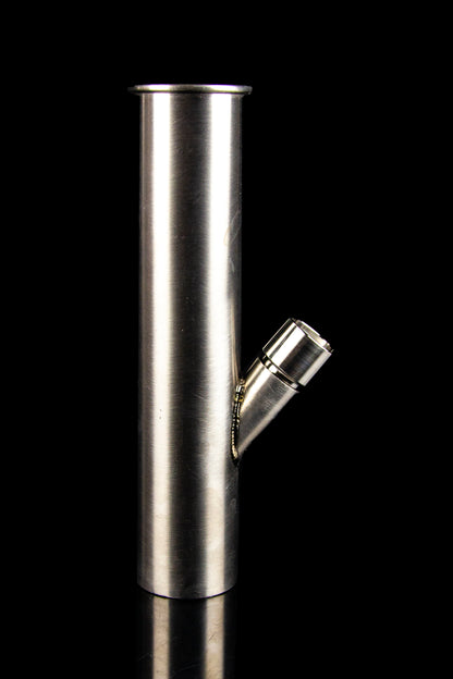 Metal cannabis pipe with a side-mounted bowl, studio shot on black.