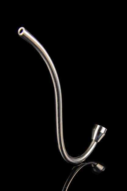 Silver cannabis oil rig downstem against a black background.