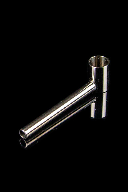 Silver cannabis bubbler pipe against a black background.