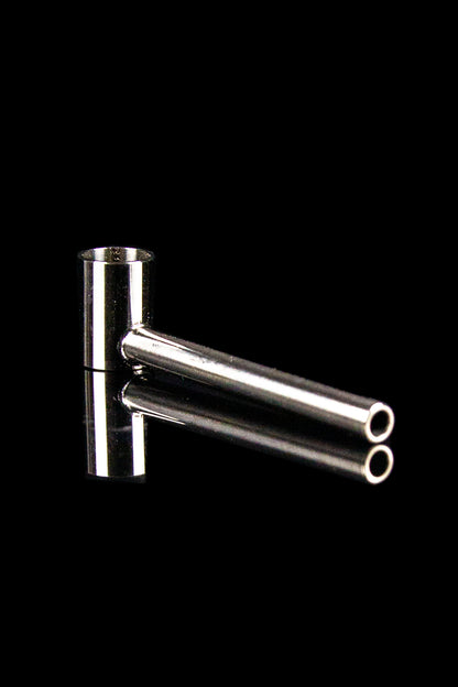 Clear glass bubbler with two mouthpieces against a black background.