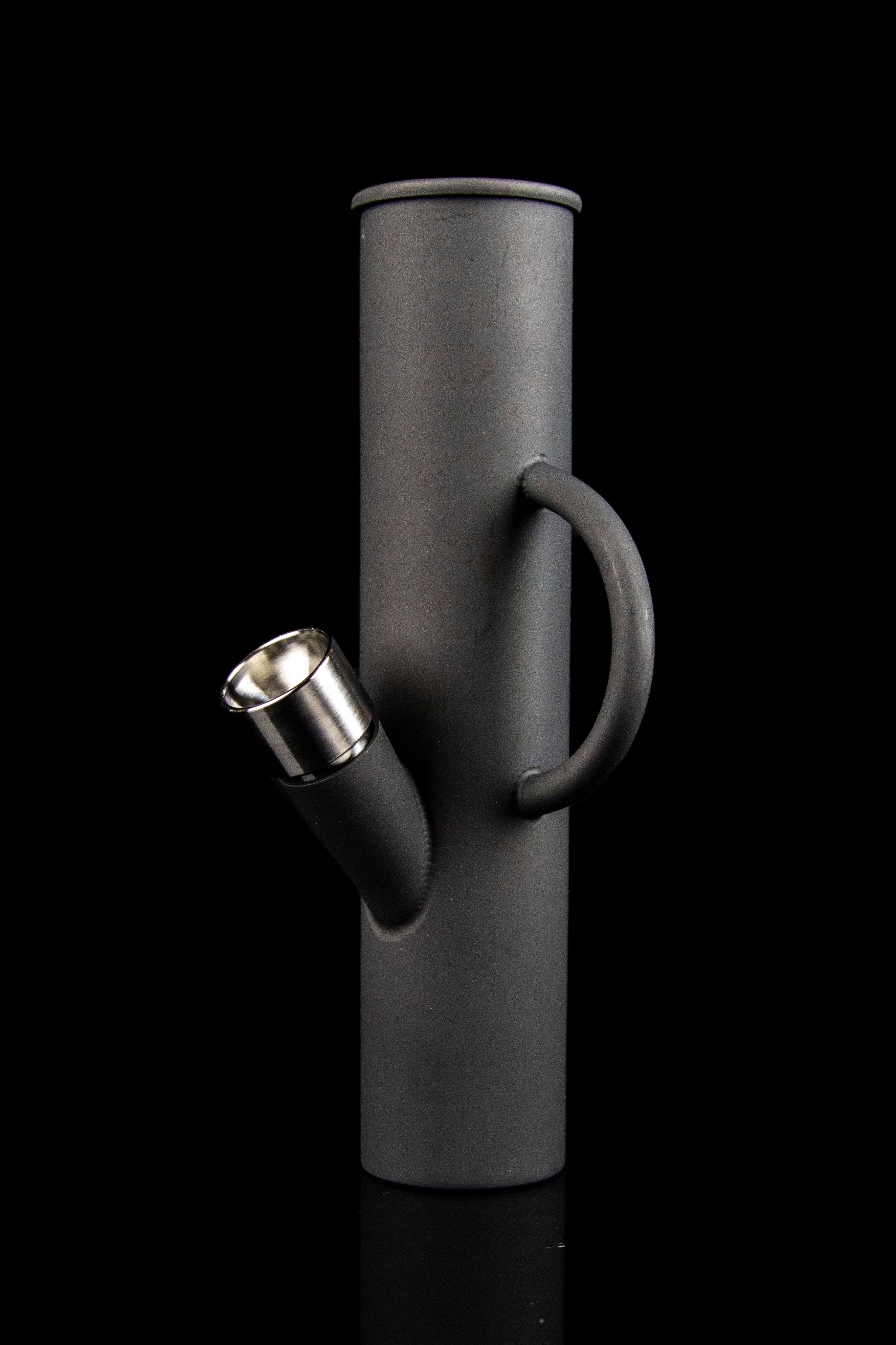 Black metal cannabis pipe with a curved stem and handle, studio shot.