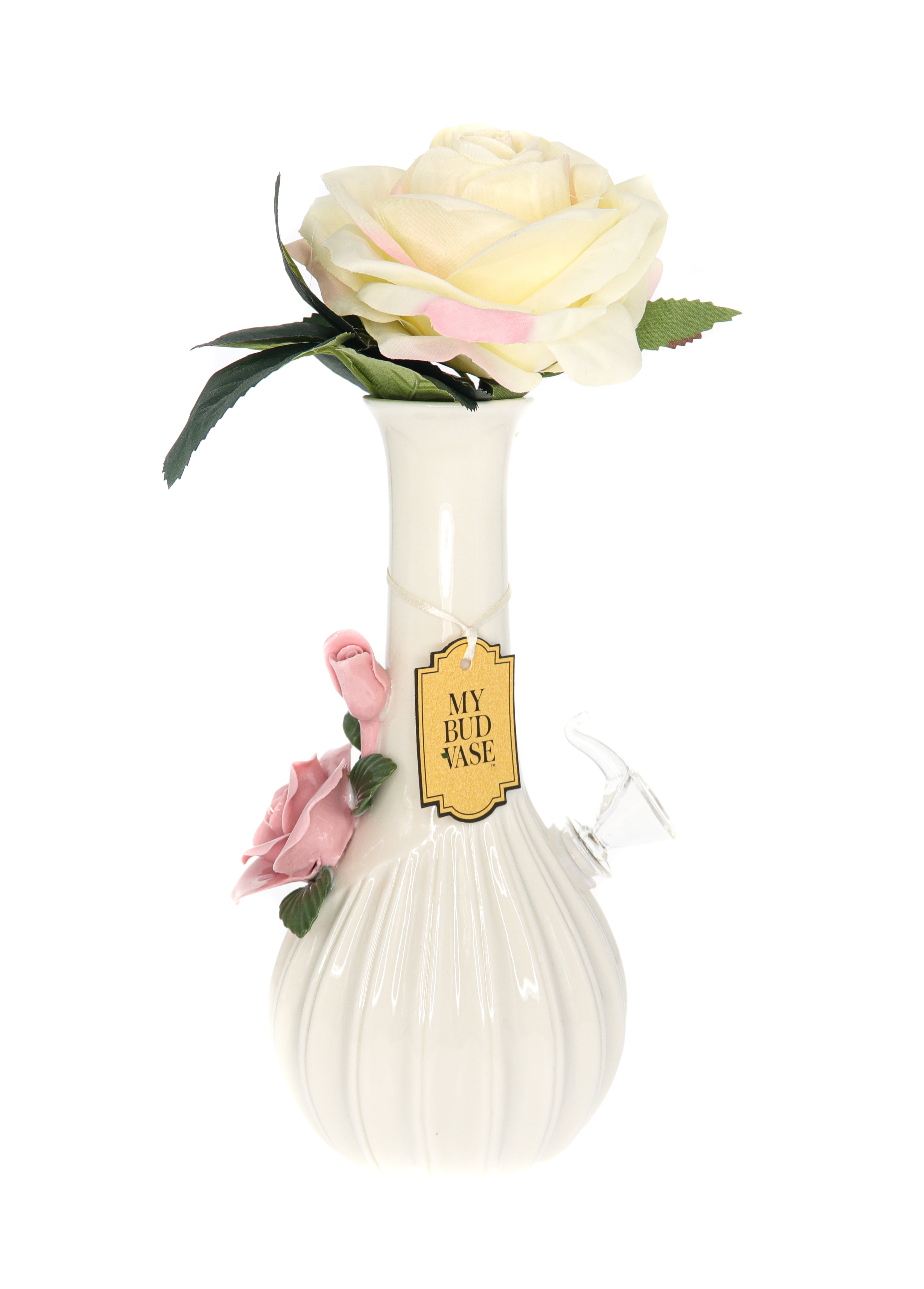 A detailed shot of the My Bud Vase Rose Porcelain Vase Water Pipe, featuring a delicate floral design against a plain white background.