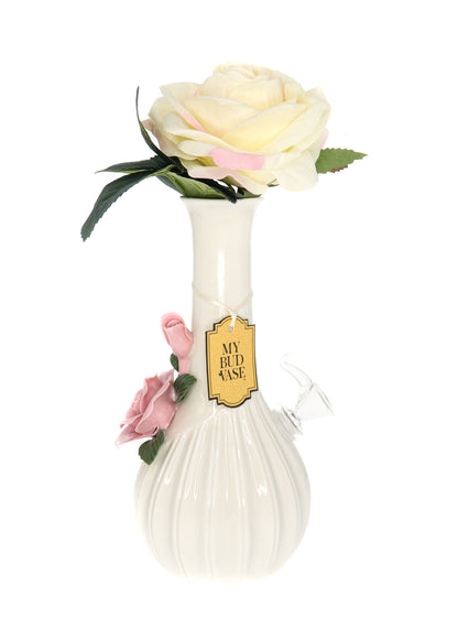A detailed shot of the My Bud Vase Rose Porcelain Vase Water Pipe, featuring a delicate floral design against a plain white background.