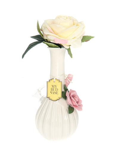 A front view of the My Bud Vase Rose Porcelain Vase Water Pipe, showing a delicate, floral design in white porcelain.
