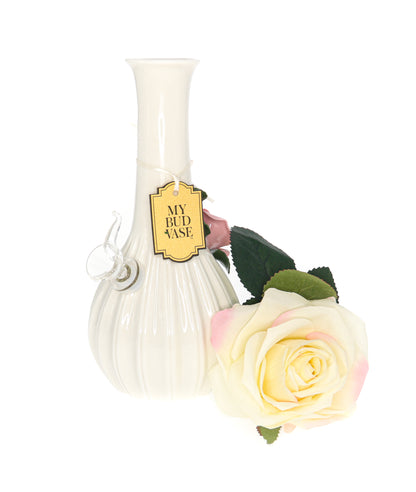 A front view of the My Bud Vase Rose Porcelain Vase Water Pipe, showcasing its delicate, floral design in a studio setting.