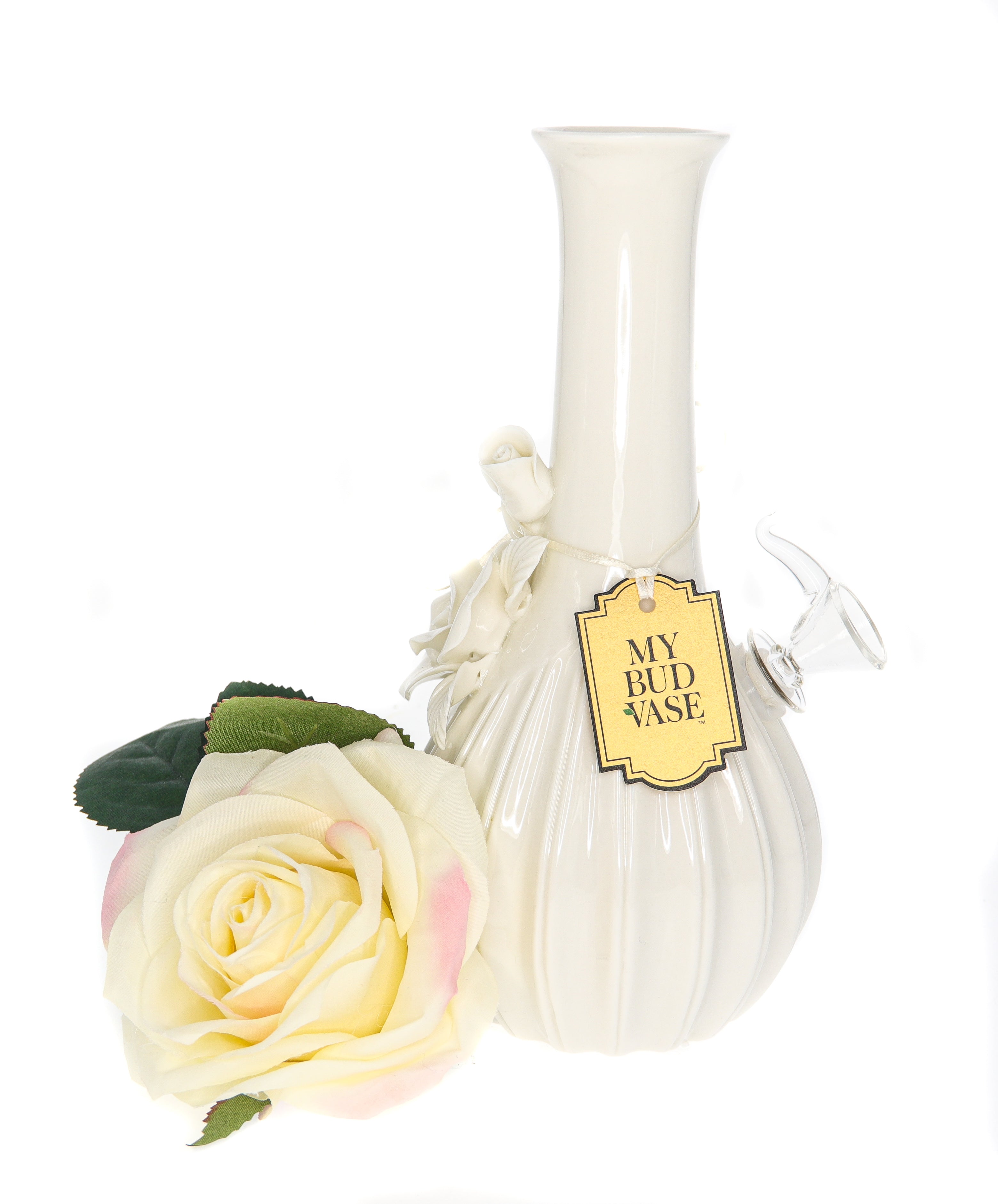 A front view of the My Bud Vase Rose Porcelain Vase Water Pipe, adorned with a delicate rose, against a neutral backdrop.