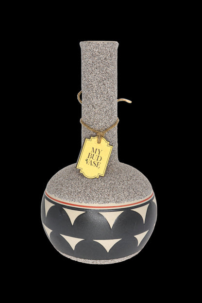 Hand-thrown ceramic bud vase with Southwestern-inspired geometric patterns and a tag reading “My Bud Vase.”