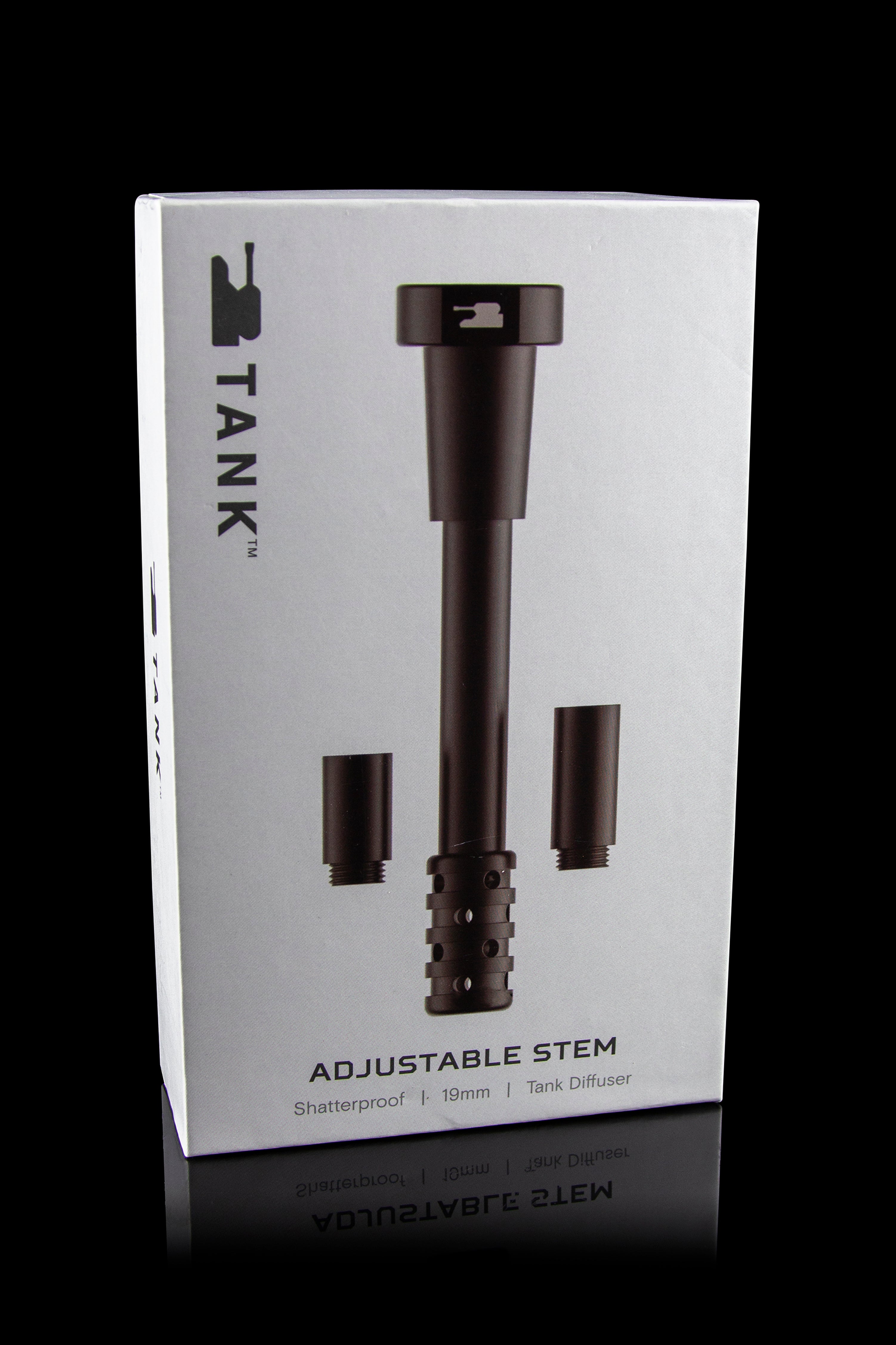 Black packaging for a “Tank” adjustable stem cannabis accessory, displaying the product and its features.