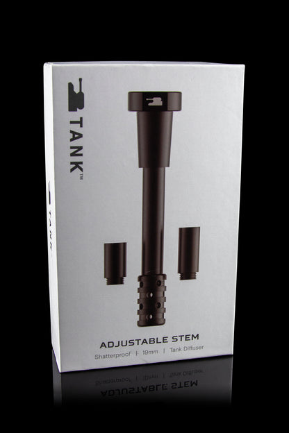 Black packaging for a “Tank” adjustable stem cannabis accessory, displaying the product and its features.