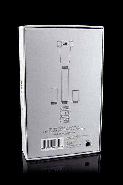 Product packaging for a titanium cannabis bowl, displaying a technical diagram and specifications.