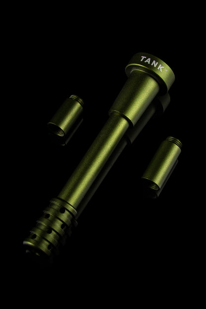 Olive green cannabis oil vape pen components against a black background, labeled “TANK™”.