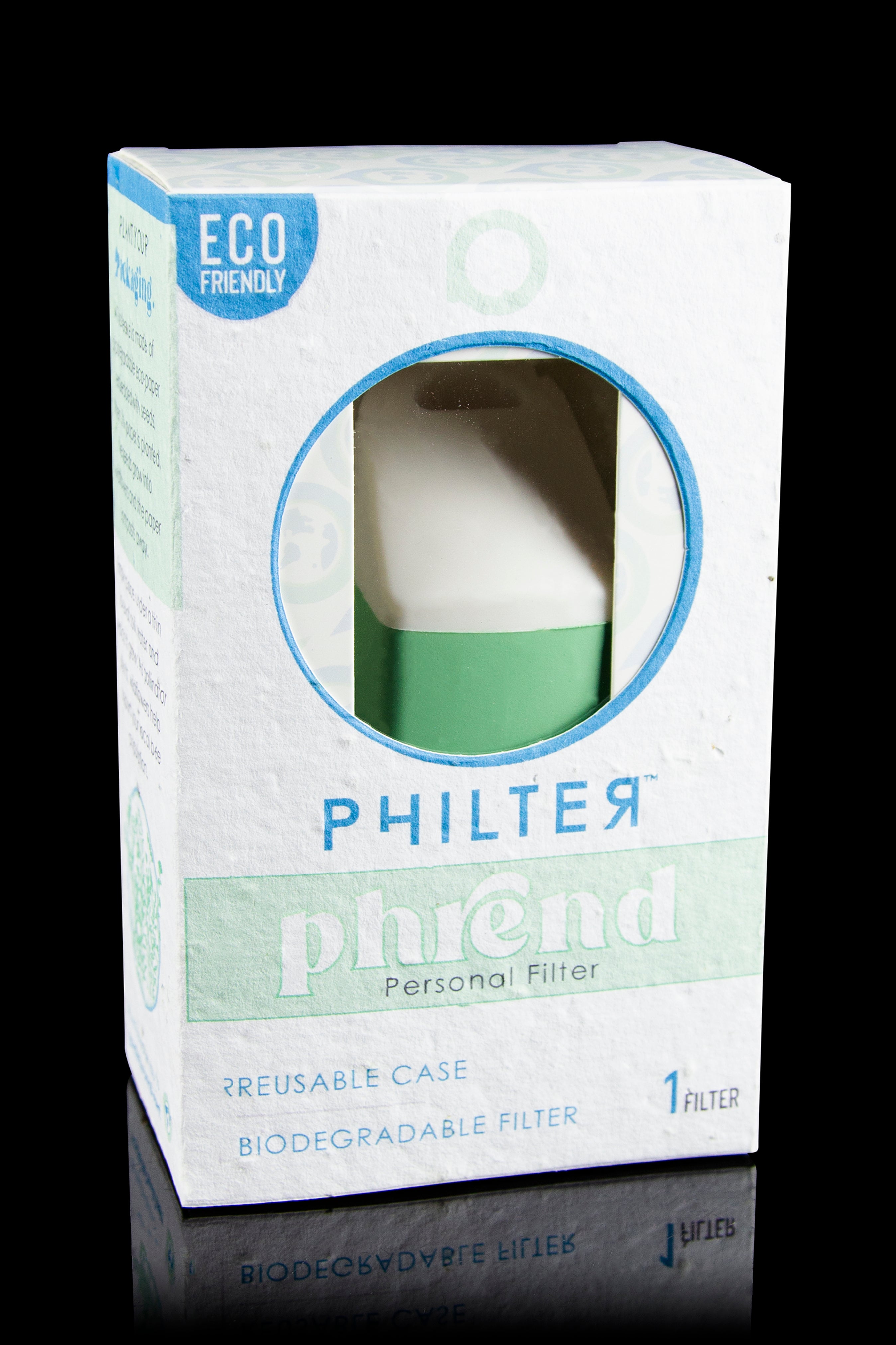 White packaging for Philter, a personal cannabis filter, emphasizing its eco-friendly and biodegradable aspects.