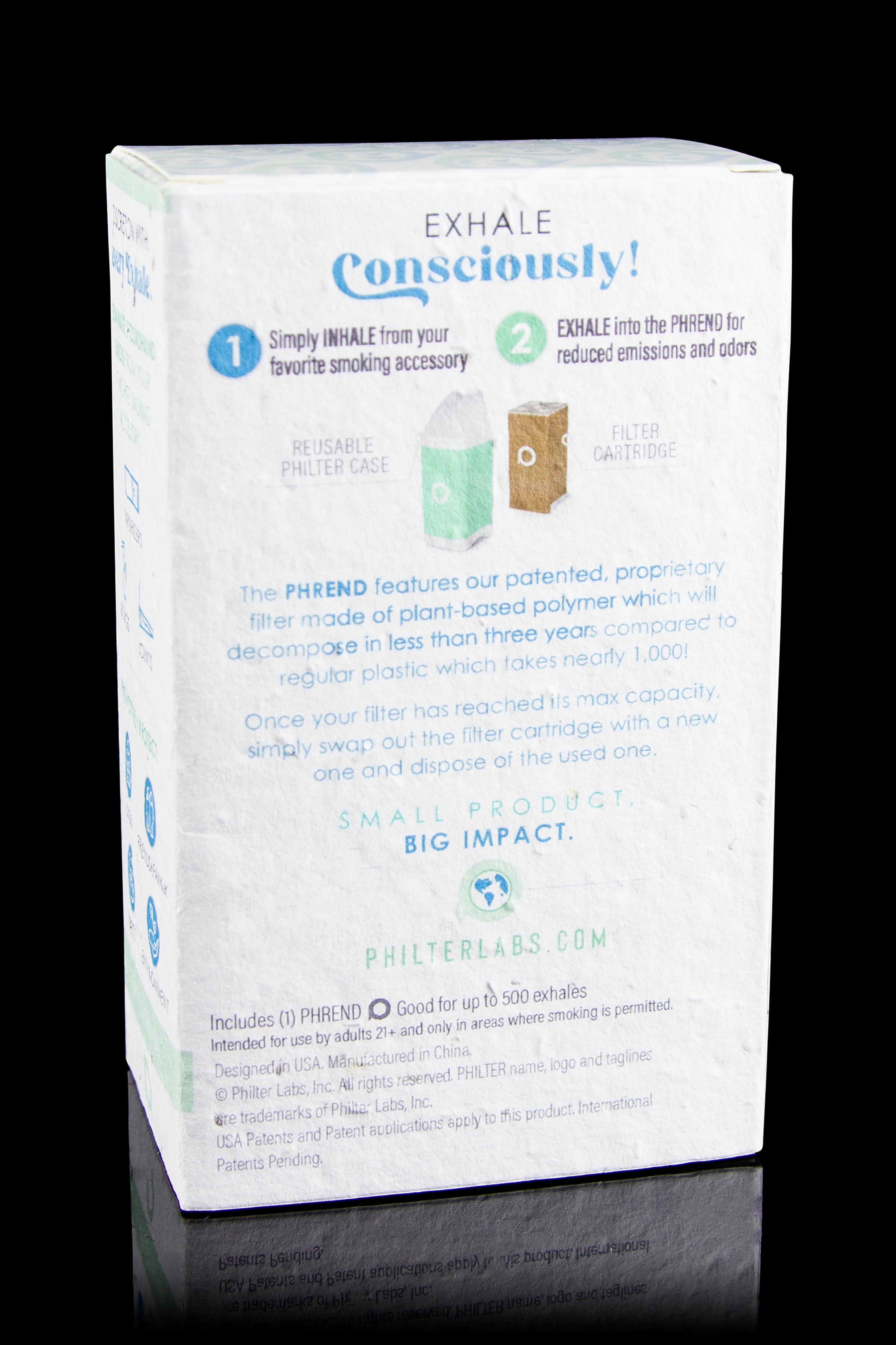 Packaging for PHREND cannabis filter, highlighting its plant-based, biodegradable material and reduced emissions.