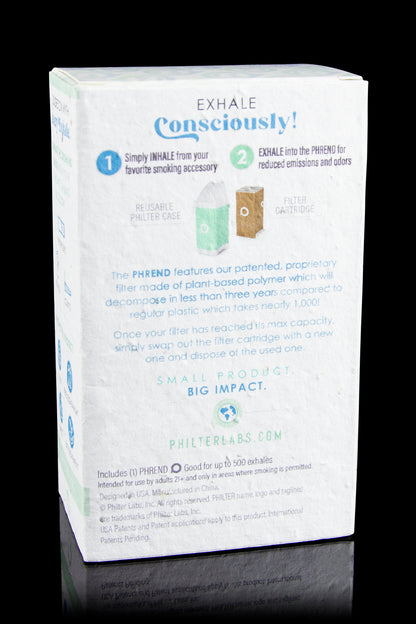Packaging for PHREND cannabis filter, highlighting its plant-based, biodegradable material and reduced emissions.
