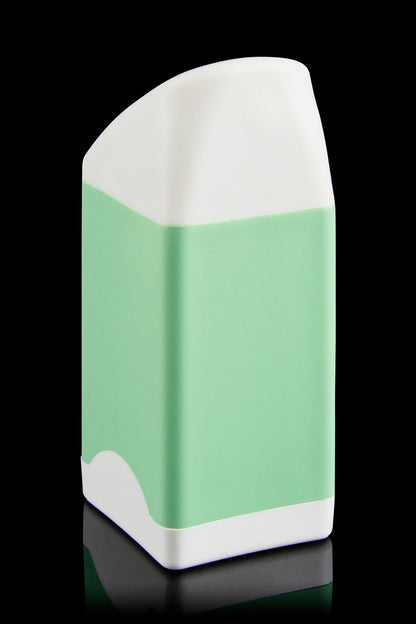 Sleek, mint green cannabis pre-roll container with white accents, reflecting on a glossy surface.