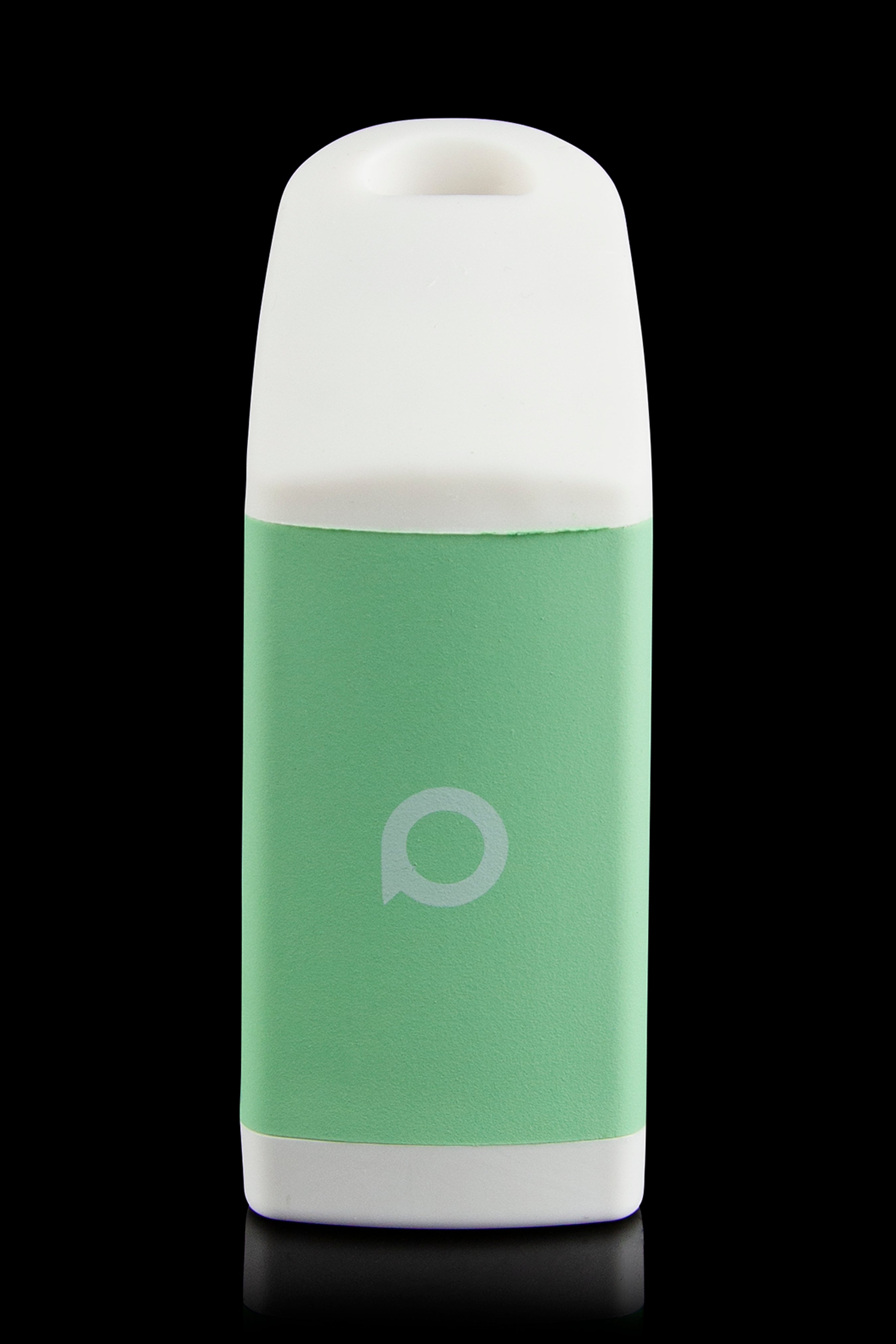 White and green cannabis oil vape cartridge with a circular logo.