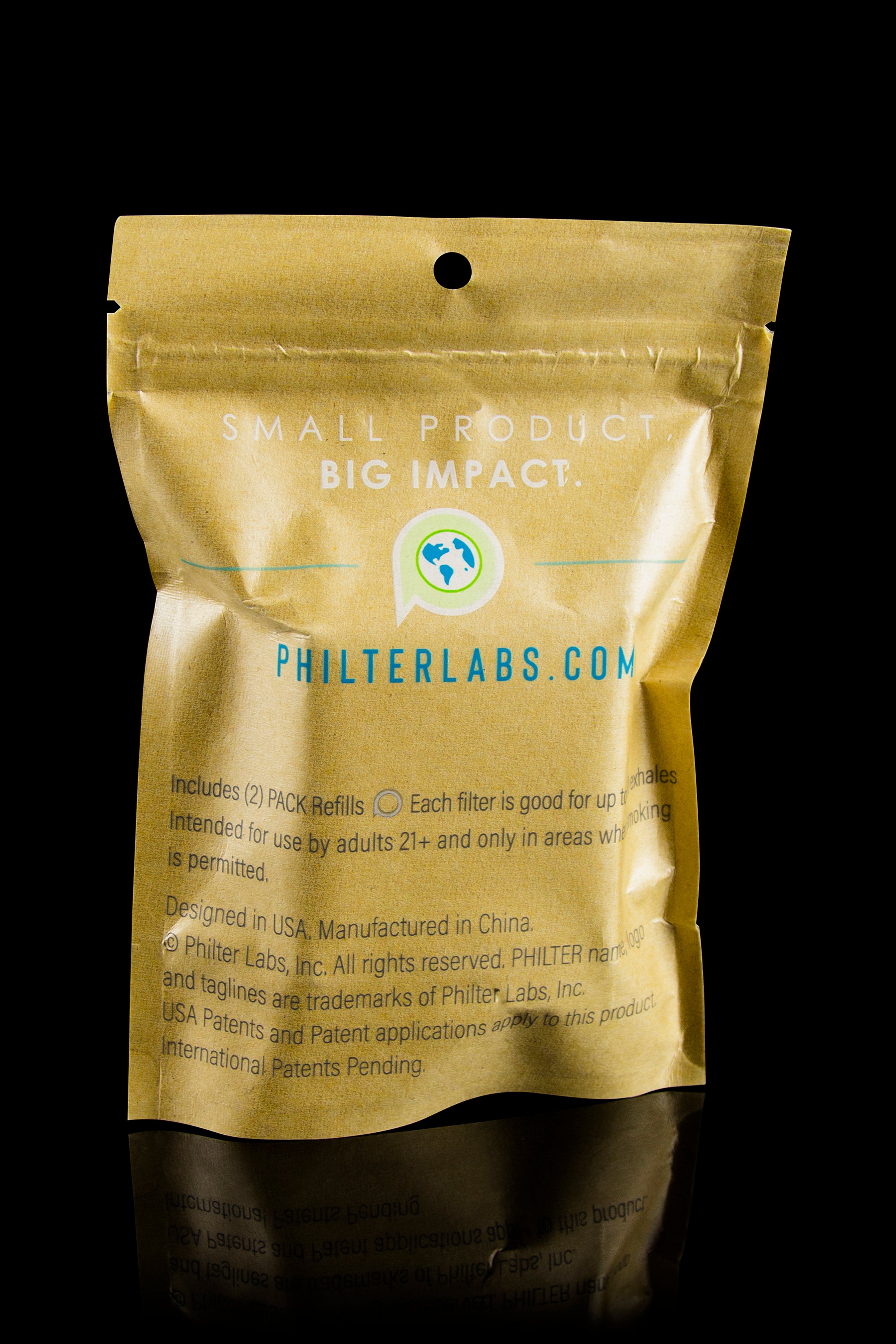 Gold mylar bag for Philter Labs cannabis filter refills, displaying branding and legal disclaimers.