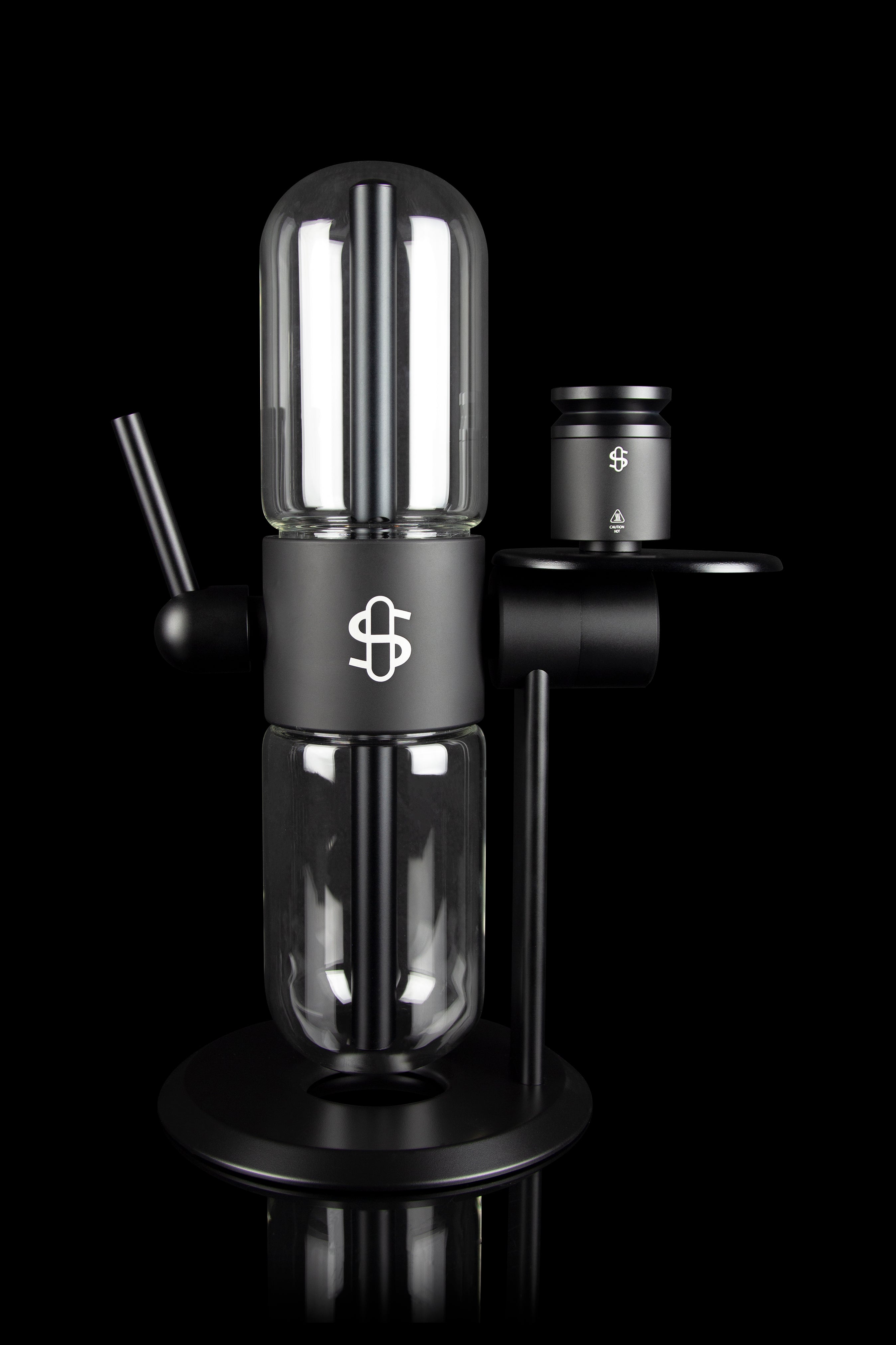 Sleek black cannabis oil vape pen and cartridge with a dollar sign logo, studio shot.