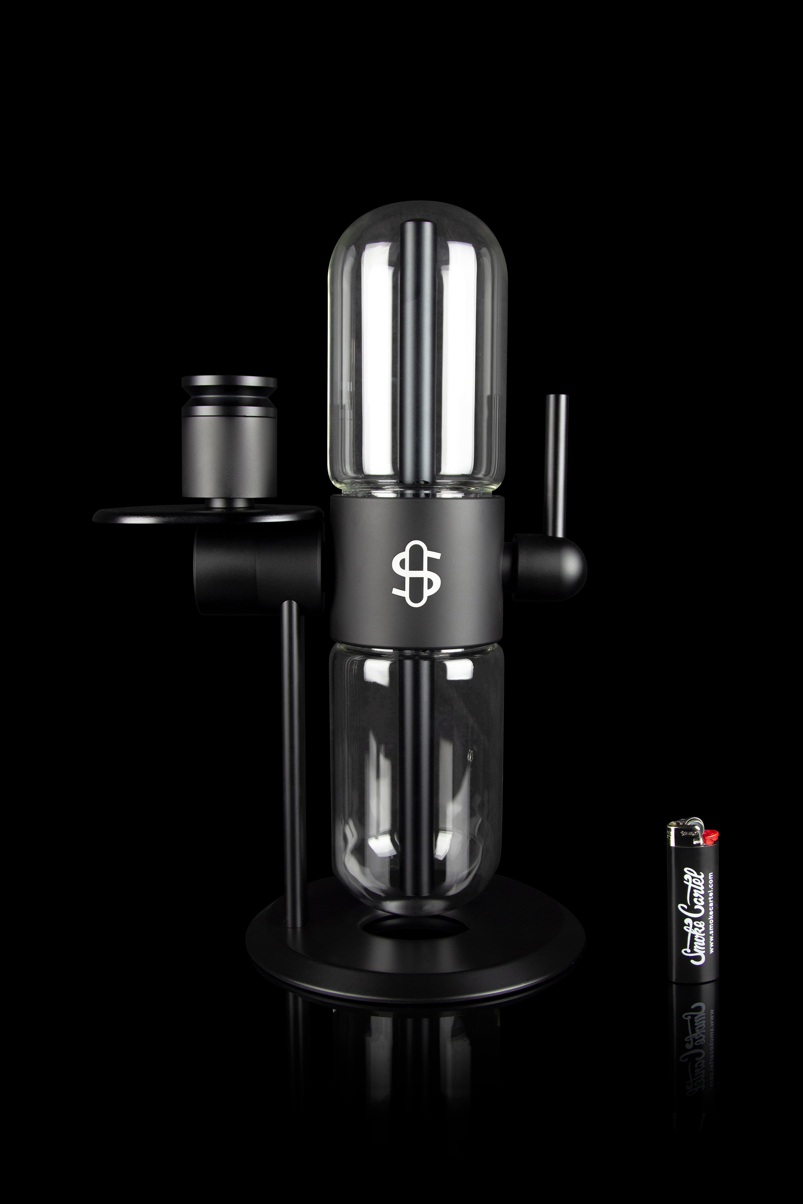 Sleek black and clear glass dab rig with a unique vertical ribbed design and dollar sign logo.