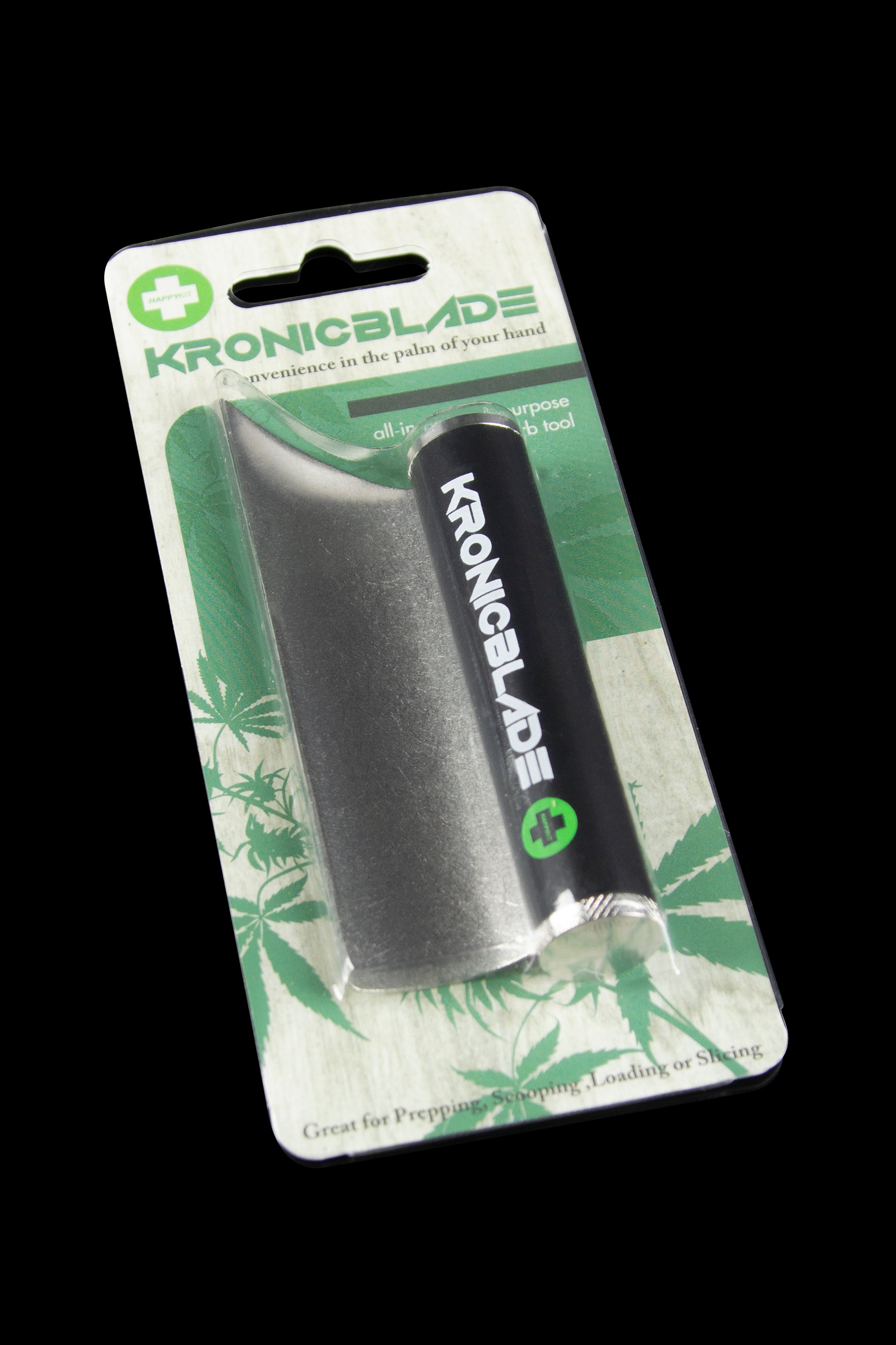 A packaged cannabis accessory, the “Kronicblade,” a cylindrical tool for prepping, scooping, and loading cannabis, displayed against a green leaf background.