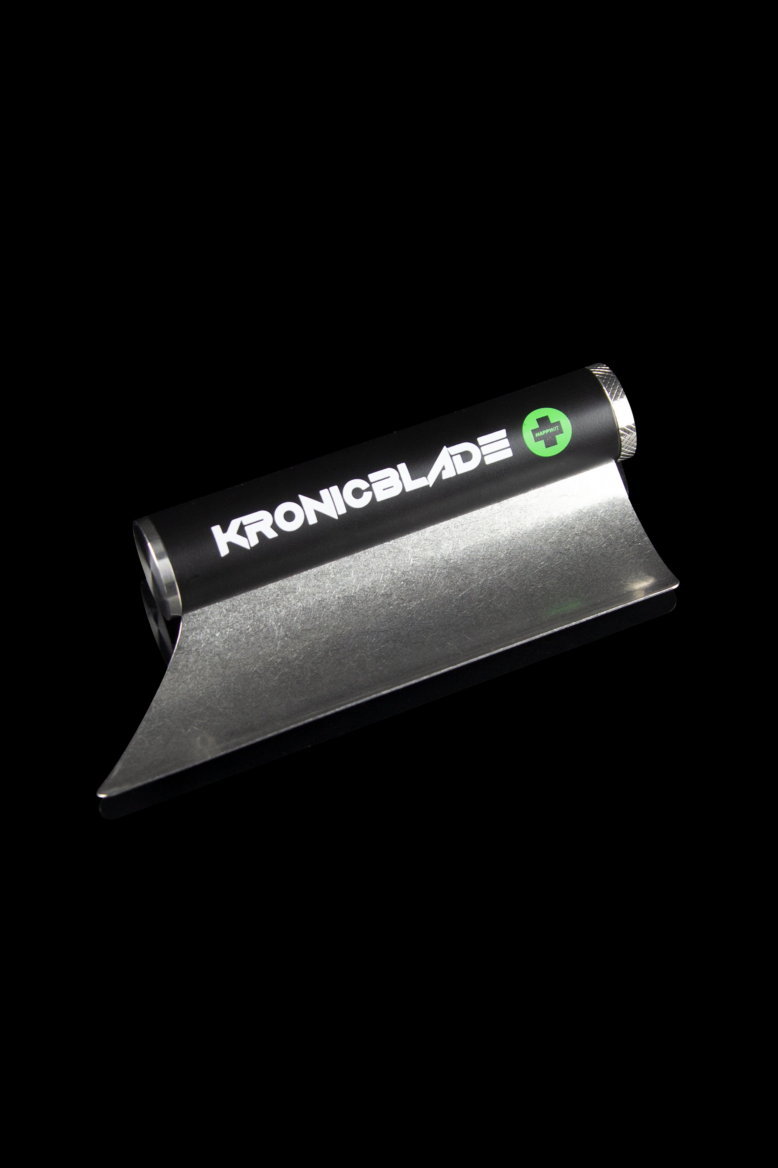 Silver rolling tray with “Kronicblade” logo in green, isolated on black.